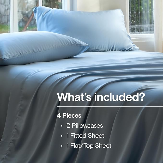 DOZ Sheet Set, 100% Viscose derived from Bamboo, Organically Grown, Buttery Soft, Cooling Sheets, High GSM, Deep Pockets - 4 Piece - 2 Pillowcases 1 Fitted 1 Top Sheet (Sky, King)