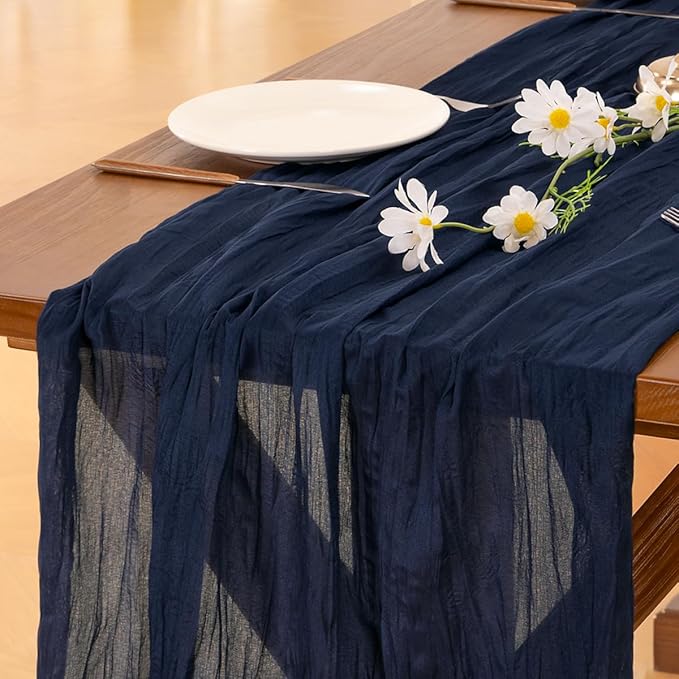 Socomi Navy Blue Valentine's Day Cheesecloth Table Runner Boho Rustic Gauze 120 inch 10FT Cheese Cloth Runner for Wedding Party Baby Shower Birthday Home Decor Holiday Decorations
