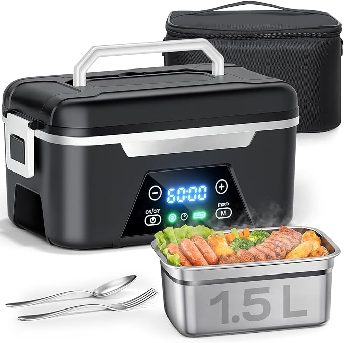 ISNIKA Cordless Heated Lunch Box For Adults, 1.5L (6 Cups) Rechargeable Electric Lunch Box Battery Powered With Scheduled Heating, Automatic Heating,Portable Food Warmer With Insulated Bag (Black)