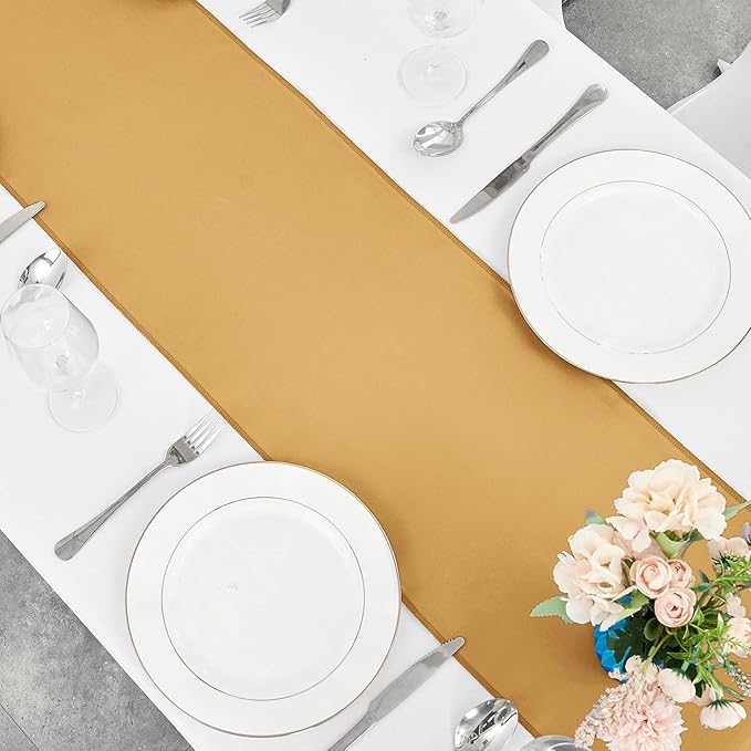 4-Pack Old Gold Satin Table Runner 12 x 108 Inch Long Bright and Smooth Silk Fabric Table Runner for Wedding Banquet Birthday Party Decoration