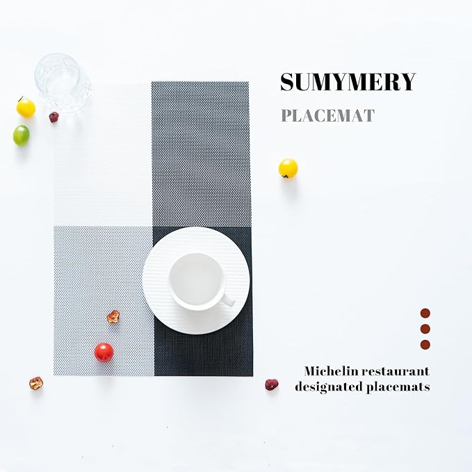 SUMYMERY Placemats Set of 6 Vinyl/Plastic Woven Place Mats for Kitchen Table Indoor/Outdoor Washable Placemat Wipeable Dining Table Mats (Grey Grid,6)