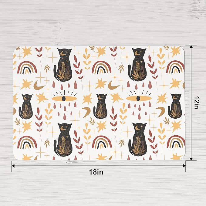 QIYI Placemats Set of 6, 12x18 Inch Faux Leather Place Mats for Kitchen Dinning, Heat Resistant Anti Slip Folk Table Mats, Waterproof Wipeable Washable Placemat Party Table D챕cor, Boho Black Cats