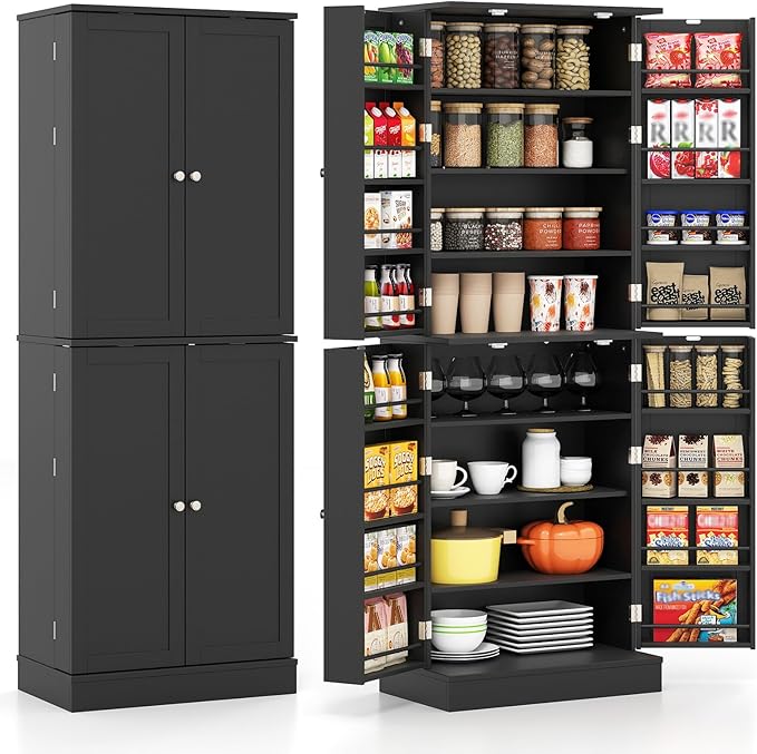 Giantex Kitchen Pantry Cabinet, 65.5" Tall Kitchen Hutch w/8-Tier Storage Cabinet, 16-Tier Door Shelves & Adjustable Shelves, 4-Door Freestanding Buffet Sideboard for Dining Room, Living Room (Black)