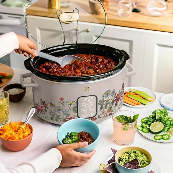 Beautiful 6 Quart Programmable Slow Cooker by Drew Barrymore ??Large Capacity, Ceramic Removable Pot, Tempered Glass Lid, Dishwasher Safe, Auto Keep Warm (Wildflower Porcini Taupe)