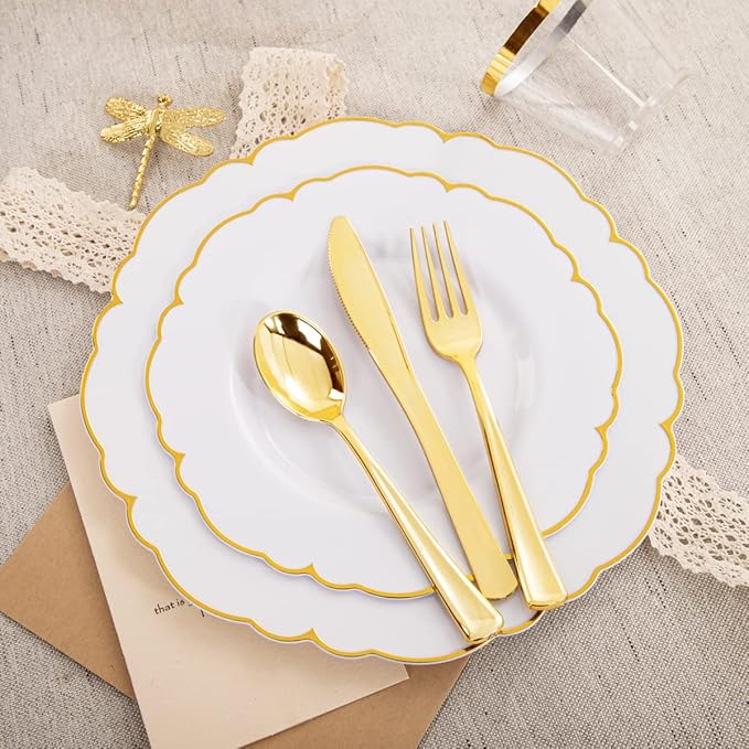 Morejoy 175PCS Gold Plastic Plates竊똚hite Gold Disposable Plates with Pre Rolled Napkins:25 Dinner Plates,25 Dessert Plates,25 Spoons,25 Forks,25Knives,25Cups,25Napkins for Party & Christmas