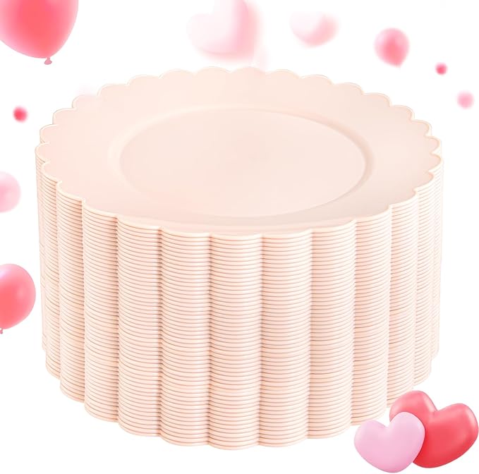 SUT 72-Count Pink Plastic Plates Disposable 10.25 Inch - Scalloped Edge Dinner Plates for Valentine?셲 Day, Parties, Birthdays, Weddings | Lightweight & Durable Disposable Dinnerware (72 Pack)