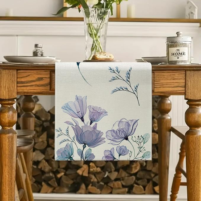 ZCHOMI Poppy Floral Table Runner 13x72 Inch Purple Flower Leaves Seasonal Spring Summer Kitchen Dinning Table Decoration for Home Party Decor