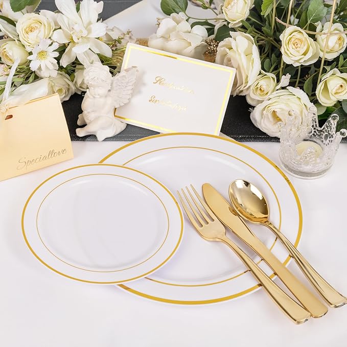 NOCCUR 200PCS Gold Plastic Plates - 100 Dinner / 100 Dessert Disposable Plates Heavy Duty - Ideal for Wedding/Party/New Year