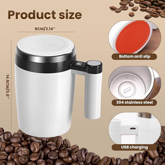 Electric Magnetic Stirring Coffee Mug, 2026 New Automatic Stirring Coffee Cup with Temperature Display, 12.85oz Self-Stirring Mug with Lid Suitable for Coffee, Milk (Black + White)