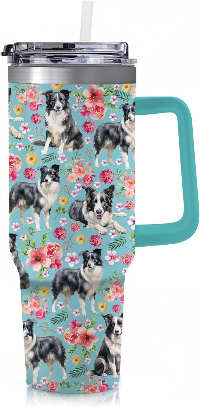 Yogusut Border Collie Gifts for Women, 40oz Stainless Steel Insulated Tumbler Travel Mug Cup with Handle Straw, Gifts for Dog Mom Dog Lover
