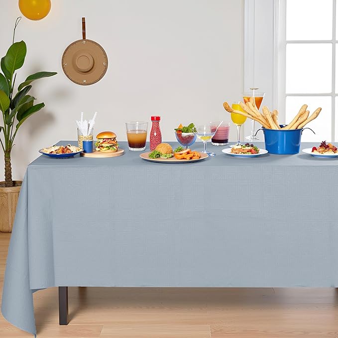 [6 Pack] Silver Paper Tablecloth Disposable for Rectangle Tables, 54 X 108 Inch Party Table Cover with Plastic Backing, Waterproof 3 Ply Table Cloth for Wedding Banquet Birthday