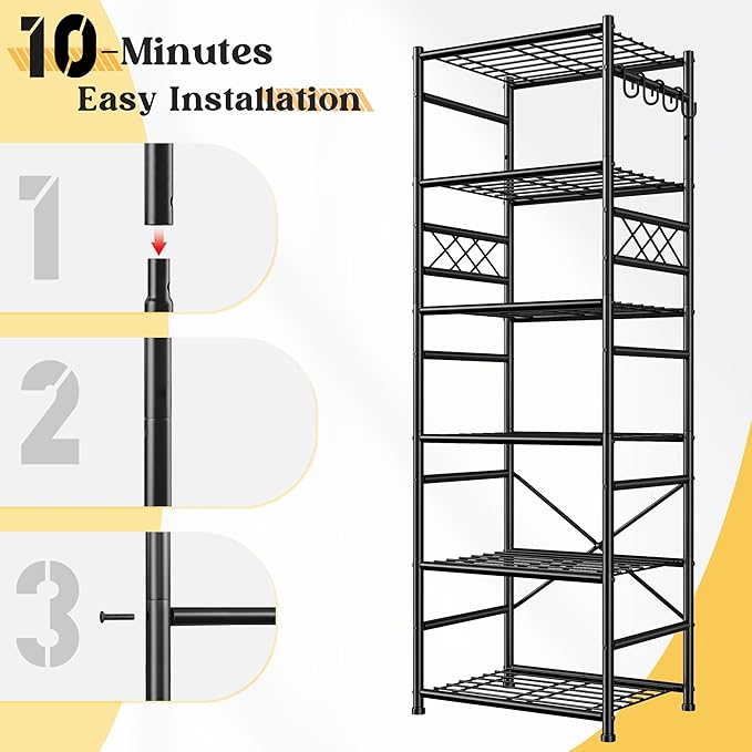 Storage Shelves-6 Tier Metal Shelving Unit with Hooks,Heavy Duty Garage Shelving with Leveling Feet,High Standing Shelf Organizer for Kitchen Pantry Bathroom Dorm,17.7?쓂횞11.8?쒭 횞72.2?쒱,Black
