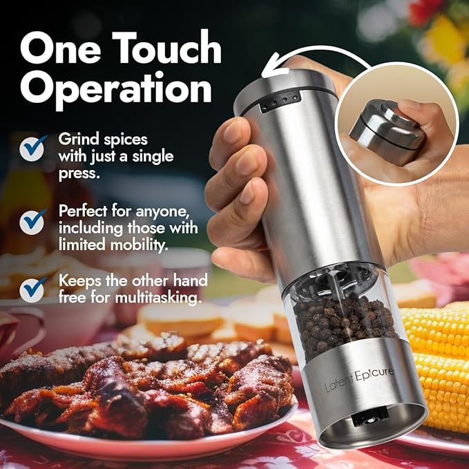 Electric Salt and Pepper Grinder (SINGLE) - Rechargeable USB-C - Stainless Steel Salt, Pepper or Spice Mill with LED Light - One Handed Operation - Adjustable Ceramic Grinders