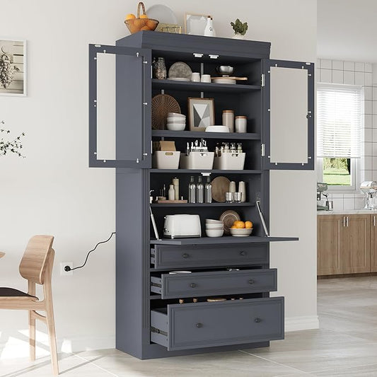 Merax 78 Inch Extra-Tall Freestanding Kitchen Pantry Storage Cabinet, Multifunctional Cupboard with 3 Drawers, Adjustable Shelves & Power Outlet Drop-Down Surface for Dining and Living Room, Grey