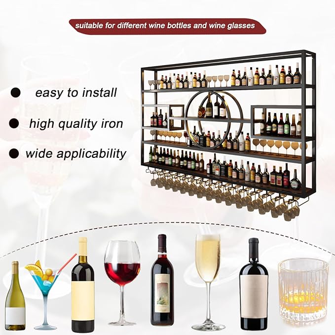 Wall Mounted Wine Rack, Modern Industrial Hanging liquor Bottles Shelves With Wine Glass Holder, Metal Floating Wine Storage Display Shelf, for Bar, Kitchen, Wine Cellar (Black, 280cm/110.2in)