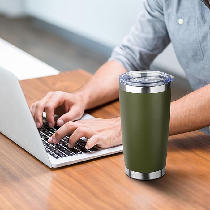 ATIKZHE 20oz Tumbler with Straw and Brush, Stainless Steel Vacuum Insulated tumbler, Double Wall Insulated Coffee Tumbler for Outdoor, Home, Travel,Office (Army Green,4pcs)