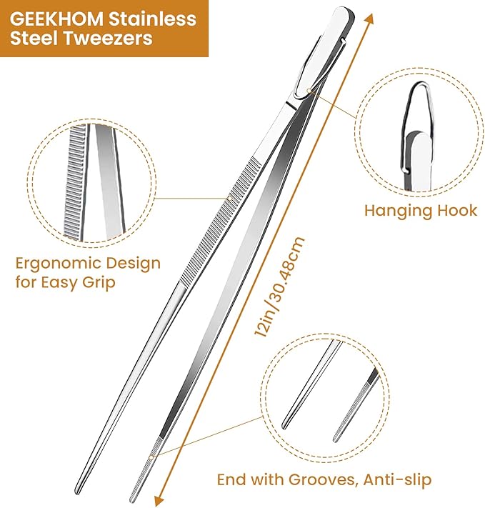 GEEKHOM 4-Pcs 12-Inch Commercial Kitchen Tongs: Professional Stainless Steel with Serrated Tips & Secure Grip (Silver)