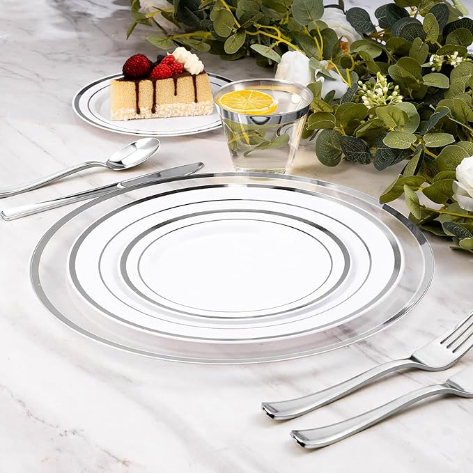 Goodluck 12 Inch Silver Charger Plates, 25 Pack Clear With Silver Trim, Disposable Plastic for Dinner, Wedding, Party