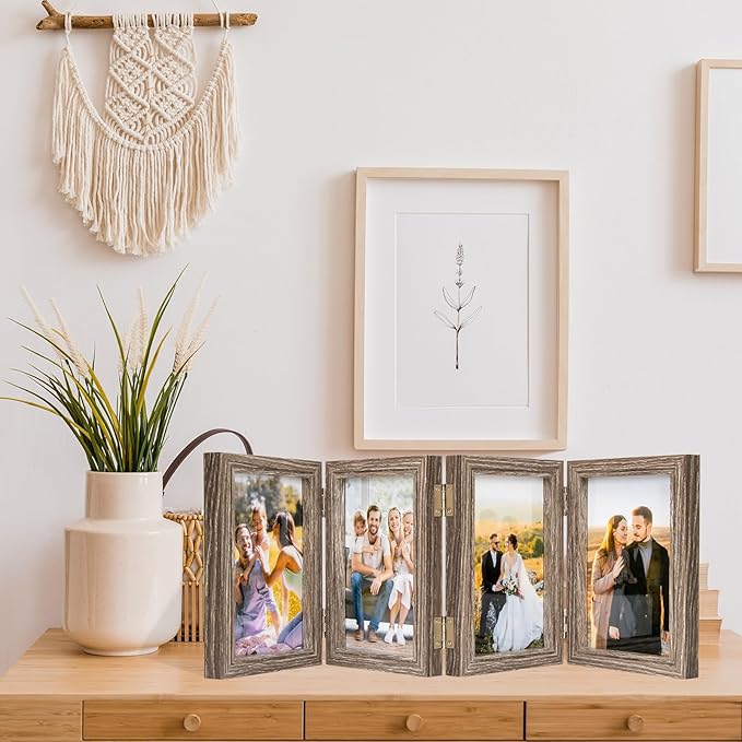 4x6 Four Picture Frame 4 Hinged Photo Frame with 4 Openings, Natural Wood Foldable Photo Frame with High Definition Acrylic for Birthday Father's Day Christmas Gift, Rustic Desk Family Picture Collage, Gray