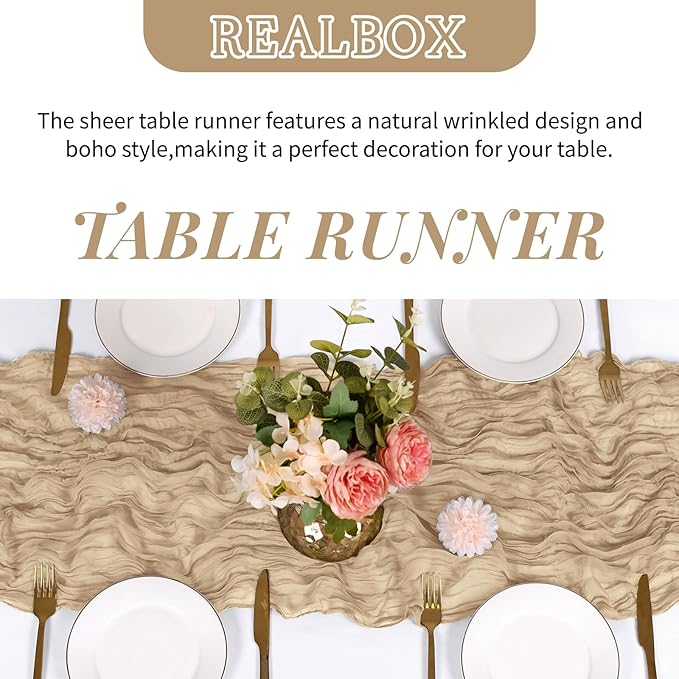 RealBox 3 Pack Beige Cheesecloth Table Runner 17x108 Inch Semi Sheer Boho Gauze Cheese Cloth Fabric Table Runners Table Decor for Wedding Party Baby Shower Birthday Home Decor Garden Farmhouse