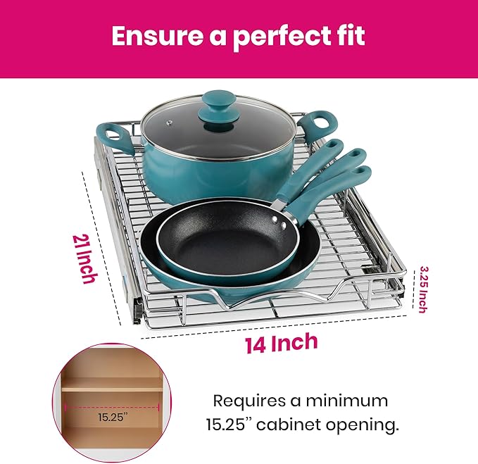 HOLDN??STORAGE Pull Out Cabinet Organizer, Heavy Duty Caddy w/Lifetime Limited Warranty -14?쓂 x 21?쒭 - Requires At Least 15-1/4??Cabinet Opening, Steel Metal Cabinet Drawers Slide Out, Chrome