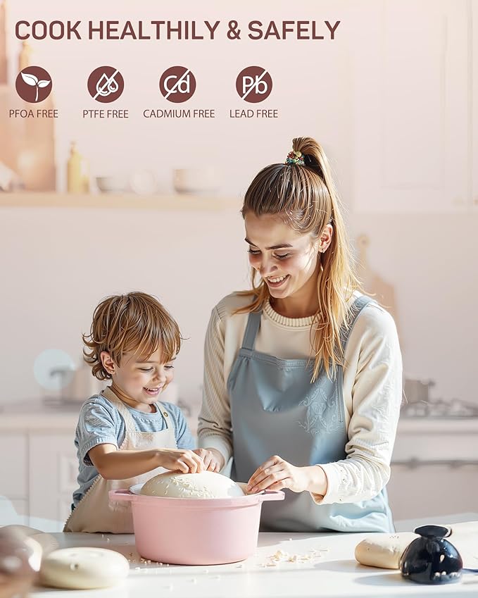 6 QT Dutch Oven Pot with Lid, Enameled Cast Iron Dutch Oven for Bread Making, Braiser, Cooking, Dual Handles, Oven Safe up to 500째 F or on Stovetop, Gifts for Family - Pink