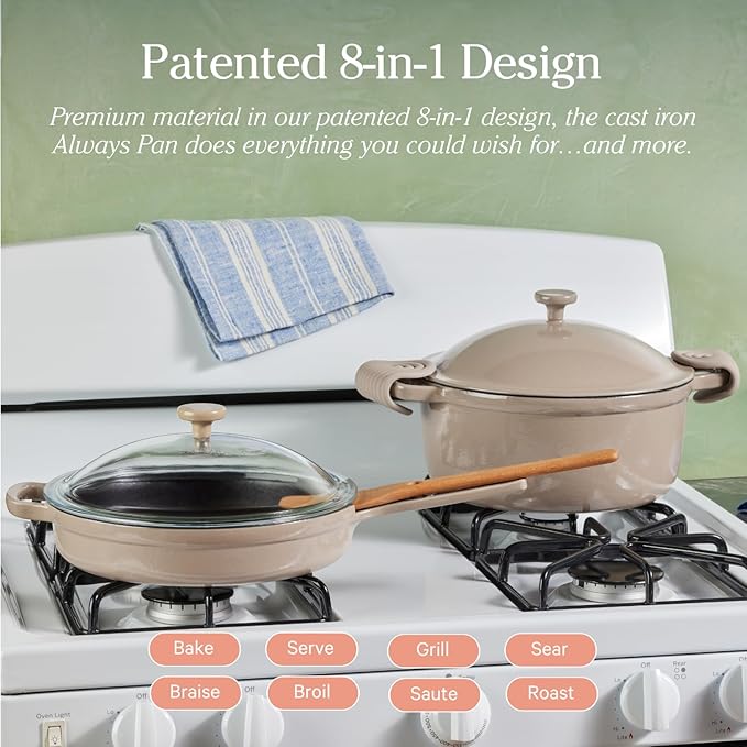 Our Place Cast Iron Always Pan | Premium Enameled, Toxin-Free Surface | 10-inch 8-in-1 Multifunctional Cookware System | Lid, Handle Covers | Heavy Duty Skillet | Oven & High Heat Safe | Steam
