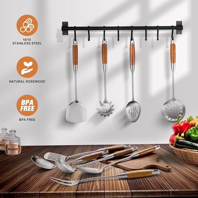 9 PCS 304 Stainless Steel Kitchen Cooking Utensils set with Wooden Handle, Metal Kitchen Utensils Set, Large Heat Resistant Wooden Handle Kitchen Tools, Stainless Steel Wok Spatula