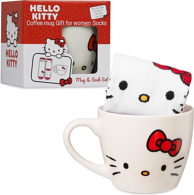 Get Trend Hello Kitty Sanrio Coffee Mug and Socks Set, 11.5 oz Ceramic Cup with Crew Socks, Kawaii Drinkware Christmas, Secret Santa Gifts for Women (White Hello Kitty)