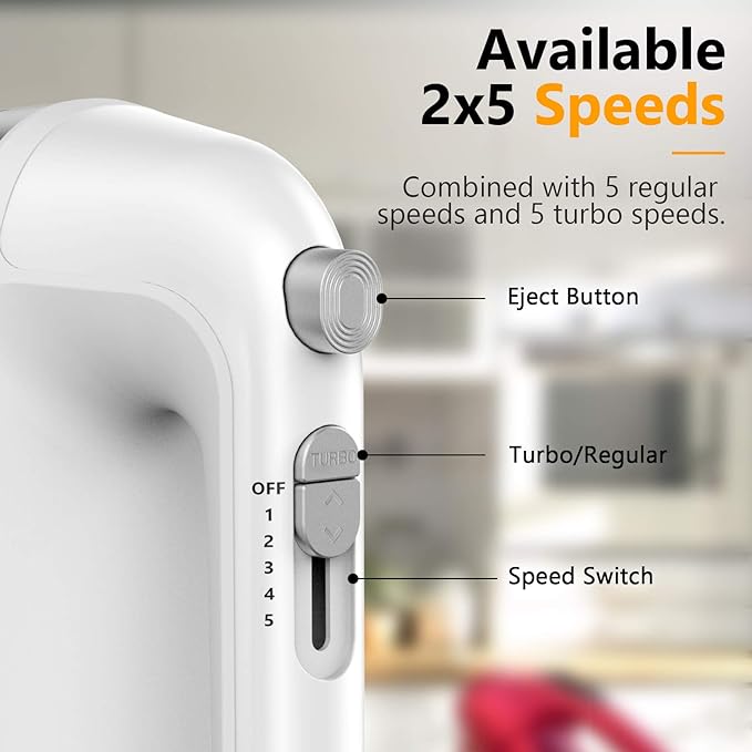 Hand Mixer Electric, 450W Kitchen Mixers with Scale Cup Storage Case, Turbo Boost/Self-Control Speed + 5 Speed + Eject Button + 5 Stainless Steel Accessories, For Easy Whipping Dough, Cream, White