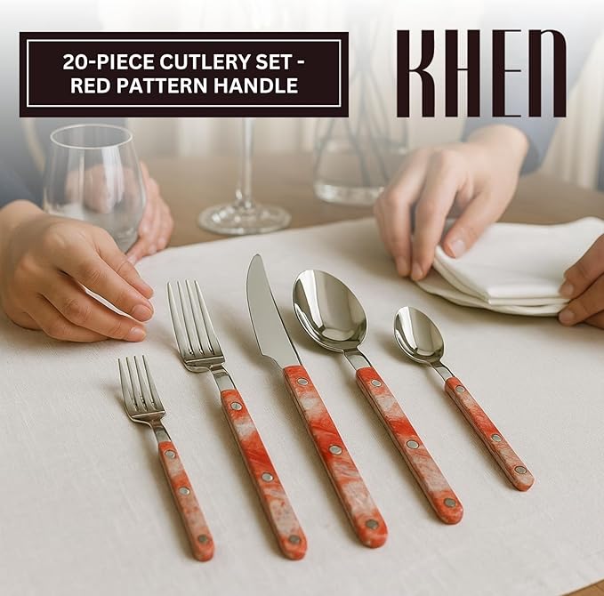 Khen 20-Piece Cutlery Set with Dinner Knives, Forks, Spoons, Salad Forks & Teaspoons ??Durable and Dishwasher Safe Utensil Set for Home, Kitchen, Weddings & Occasions - Blush Storm Pattern Handle