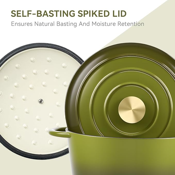 Miereirl 4.5 Quart Enameled Dutch Oven Pot with Lid, Cast Iron Dutch Oven with Dual Handles for Bread Baking, Cooking, Non-stick Enamel Coated Cookware, Golden Green