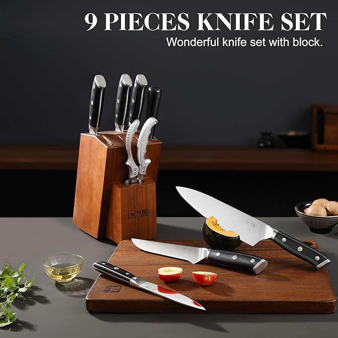 9 Pieces Knife Set with Block, Hand Forged High Carbon Steel Sharp Blade Cooking Knives Set with Holder for Kitchen, Block Chef Knife Set Professional, Best Gifts for Men Women