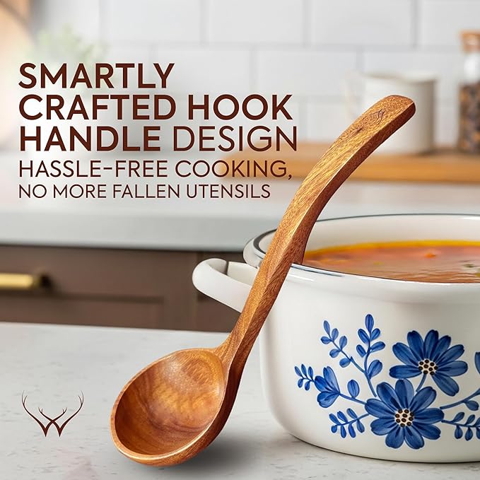 Wooden Ladle Set of 3 Sizes ??Teak Wood Soup Spoons with Hook Handles for Cooking, Serving, Stirring ??Non-Stick Wooden Spoons for Pot & Bowl Use