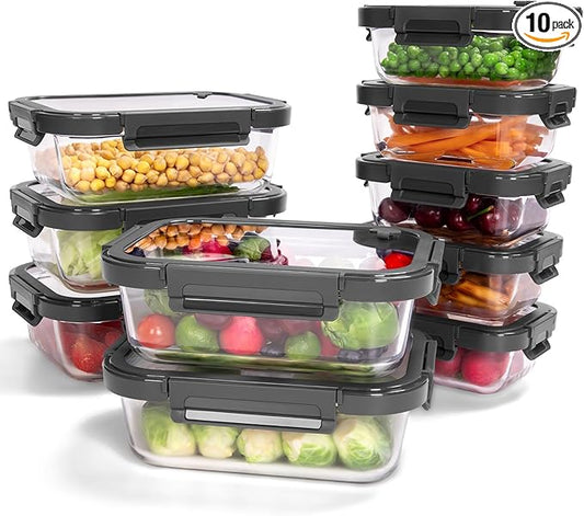 10-Pack Glass Food Storage Containers with Tempered Lids ??Borosilicate, Airtight, Oven-Safe (-4째F~950째F), BPA-Free, 4.4 & 1.6 Cup, Leak-Proof, Dishwasher Safe (Gray)