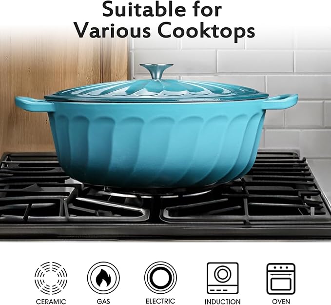 Enameled Oval Dutch Oven Pot with Lid, 7 QT Cast Iron Dutch Oven with Dual Handles for Cooking, Bread Baking, Frying, Non-stick Enamel Coated Oven (Blue-Green)
