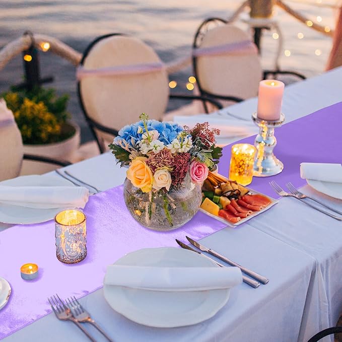 Bencailor 24 Pcs Light Purple Satin Table Runner Bulk 12 x 108 Inches Long Table Runners Bright Smooth Fabric Tablecloth for Wedding Banquet Birthday Valentines St Patrick's Day Party Decorations