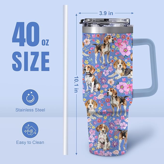 Yogusut Beagle Gifts for Women, 40oz Stainless Steel Insulated Tumbler Travel Mug Cup with Handle Straw, Gifts for Dog Mom Dog Lover