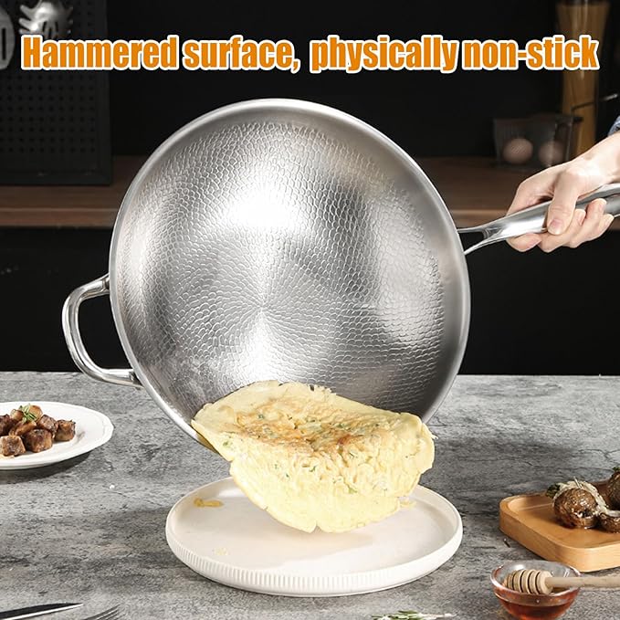 Titanium Hammered Wok with Double Handles, Frying Pans Nonstick, Non-Stick Wok, Scratch-Resistant Non Stick Titanium Pans for Cooking,12.6IN