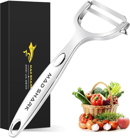 MAD SHARK Ultra Sharp vegetable peelers for kitchen ??10 Years No-Rust Stainless Steel Serrated Potato Peeler Easy to Use Y Peeler with Durable Non-Slip Ergonomic Grips for Carrots, Fruits, Veggie