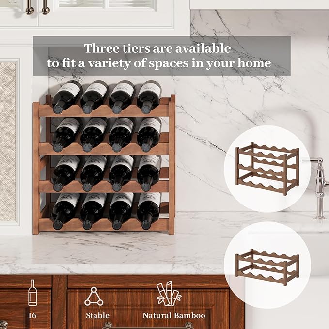 Wine Rack竊똁amboo Wine Storage Cabinet Shelf竊똂ountertop Wine Shelf- Freestanding Wine Holder for Kitchen & Pantry (Brown, 4-Tier)