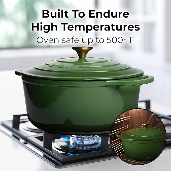 Zulay Kitchen 7.7 Quart Enameled Cast Iron Dutch Oven Pot with Lid ??Premium Durability & Oven Safe up to 500째F ??Heavy Duty Cookware Perfect for Bread Baking, Stews, Braising & Roasting ??Green