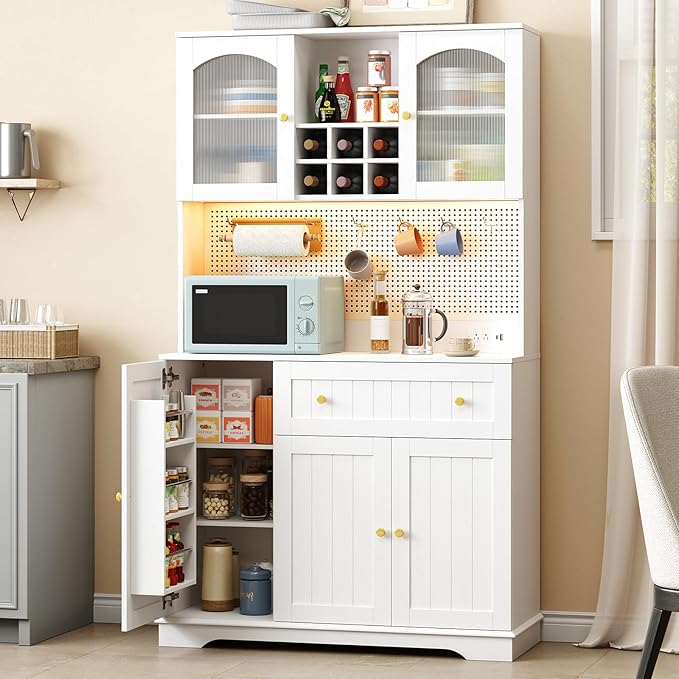 ONBRILL 71" Pantry Storage Cabinet with Microwave Shelf & Door Shelves, Kitchen Wood Pantry with Outlet & LED Light, Kitchen Hutch with DIY Pegboard & 6 Hook, Modern Cabinet with Drawer & Wine Rack