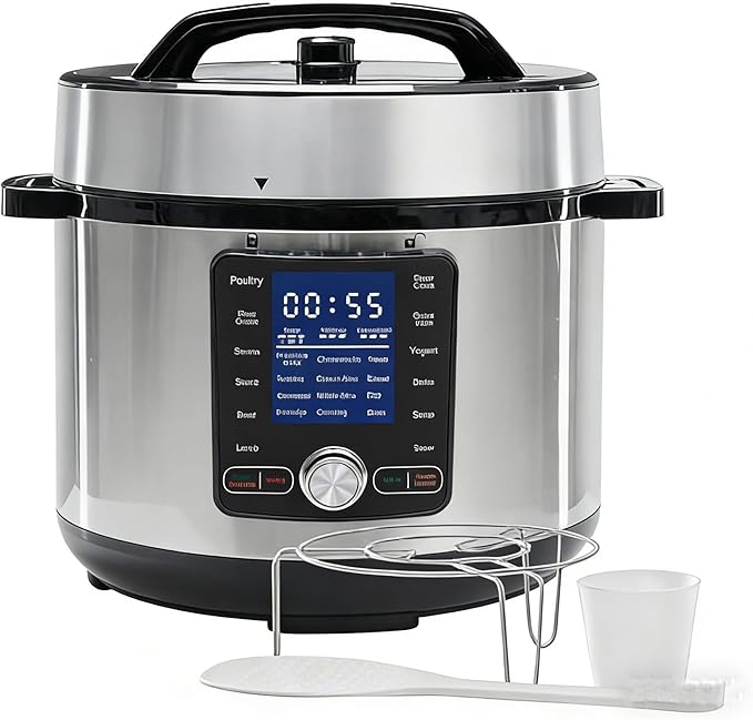 Simple Deluxe Electric Pressure Cooker 6.3 Quart, 24-in-1 Stainless Steel & Non-Stick Multi Cooker for Slow Cooking, Yogurt, Steam, Rice, Poultry, Beef, Bake, Porridge, Dishwasher Safe, Silver