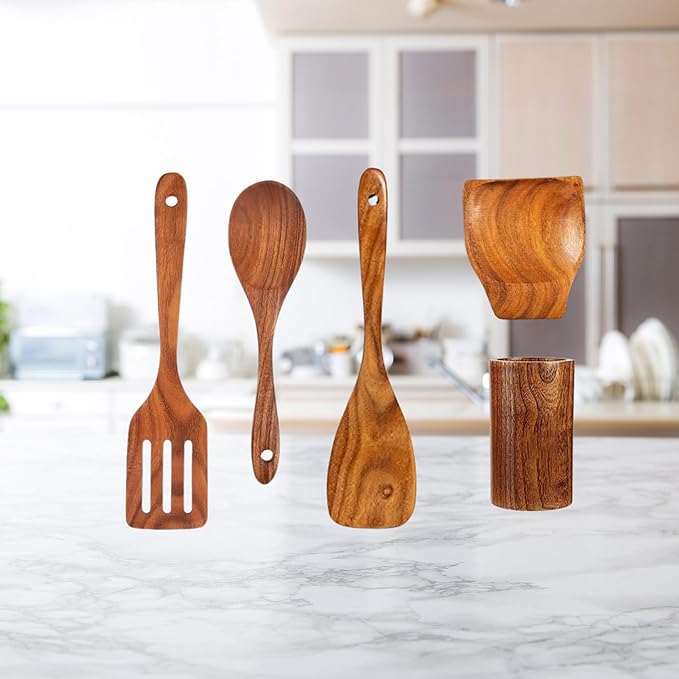 Wooden Spoons for Cooking - 5-Pcs Wooden Utensil Set - NonToxic Teak Cooking Utensil Sets - Heat Resistant Spatula with Utensil Holder with Spoon Rest - NonStick Wooden Cooking Utensils - A Gift