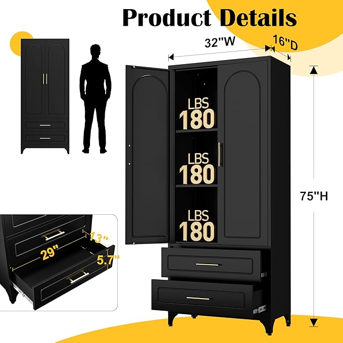 Metal Kitchen Pantry Storage Cabinet with 2 Drawers竊?5Inch Black Food Pantry Cabinets for Kitchen with 2 Adjustable Shelves竊똖all Storage Cupboard for Living Room, Dining Room Office