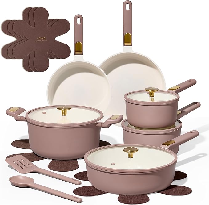 CAROTE Ceramic Cookware Set, Pots and Pans Set Non stick, 17-Piece Induction Cookware, Non toxic Healthy Non Stick Kitchen Cooking Set, with Frying Pans Set,Large Capacity Soup Pot,Mauve Pink