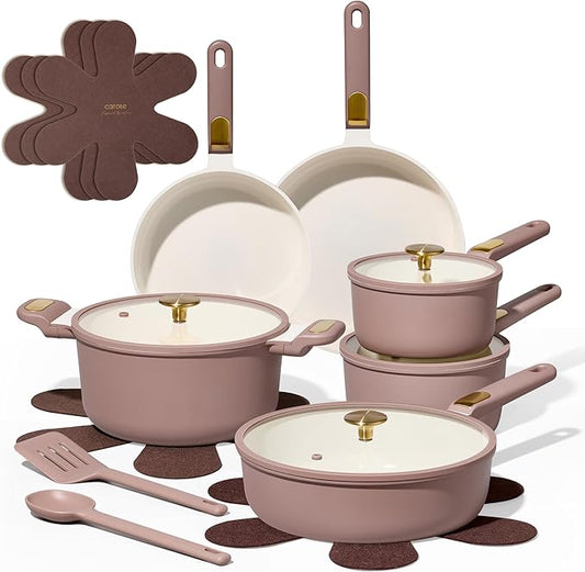 CAROTE Ceramic Cookware Set, Pots and Pans Set Non stick, 17-Piece Induction Cookware, Non toxic Healthy Non Stick Kitchen Cooking Set, with Frying Pans Set,Large Capacity Soup Pot,Mauve Pink