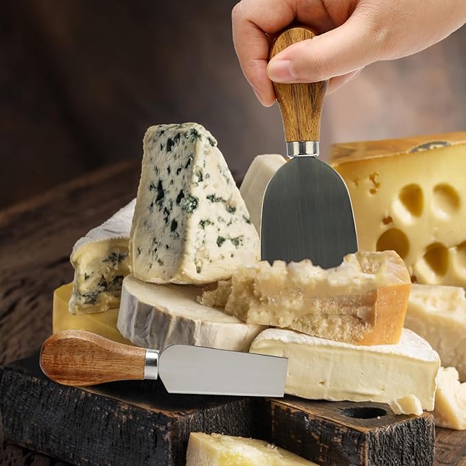 9 Pack Cheese Knives with Holder Acacia Wood Charcuterie Serving Utensils Supplies Cheese Knife Set for Charcuterie Board Accessories Cheese Tools Gift Mini Butter Knife Spreader Slicer Fork