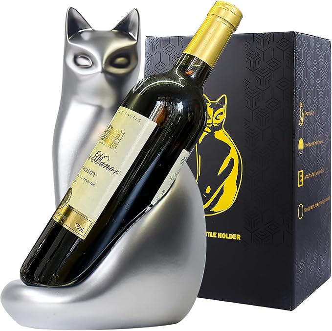 Tabletop Wine Rack Elegant Cat Shaped, Cat Decor Resin Wine Bottle Holder, Decorative Wine Storage for Home Bar, with Packaging for Cat Lovers Women, Silver